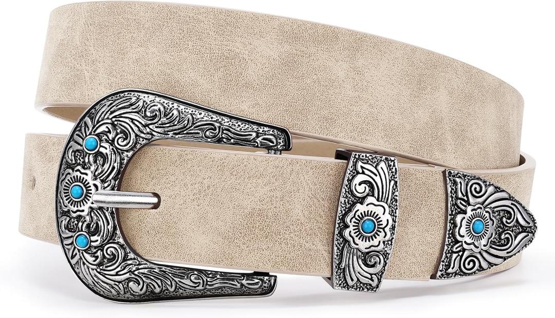 XZQTIVE Western Belt for Women, Cowgirl Cowboy Suede Leather Belt for Jeans Pants, Country Belts with Vintage Buckle (Beige) Fits Waist 31"-36"