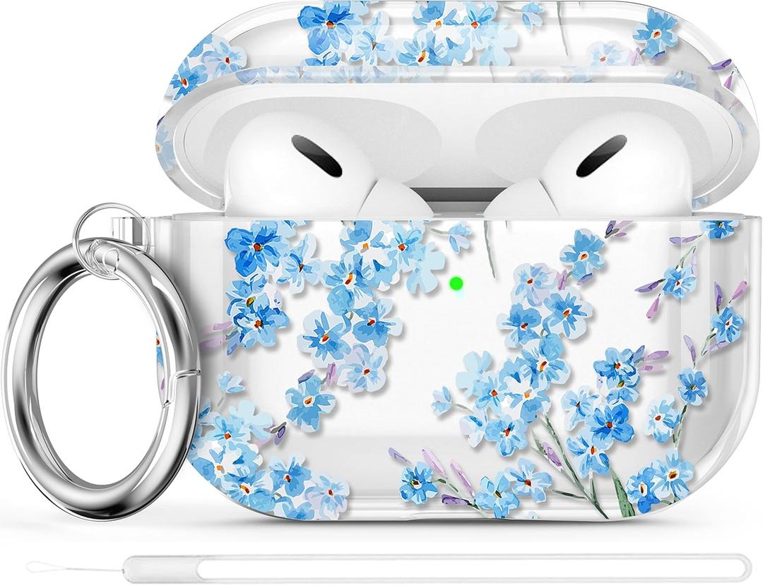 Maxjoy for AirPods Pro 2nd/1st Generation Case, Clear Flower AirPods Pro 2 Case for Women Girly Cute Soft AirPod Pro 2 Cover with Keychain Strap for AirPod Pro (2023/2022/2019), Transparent (Blue)