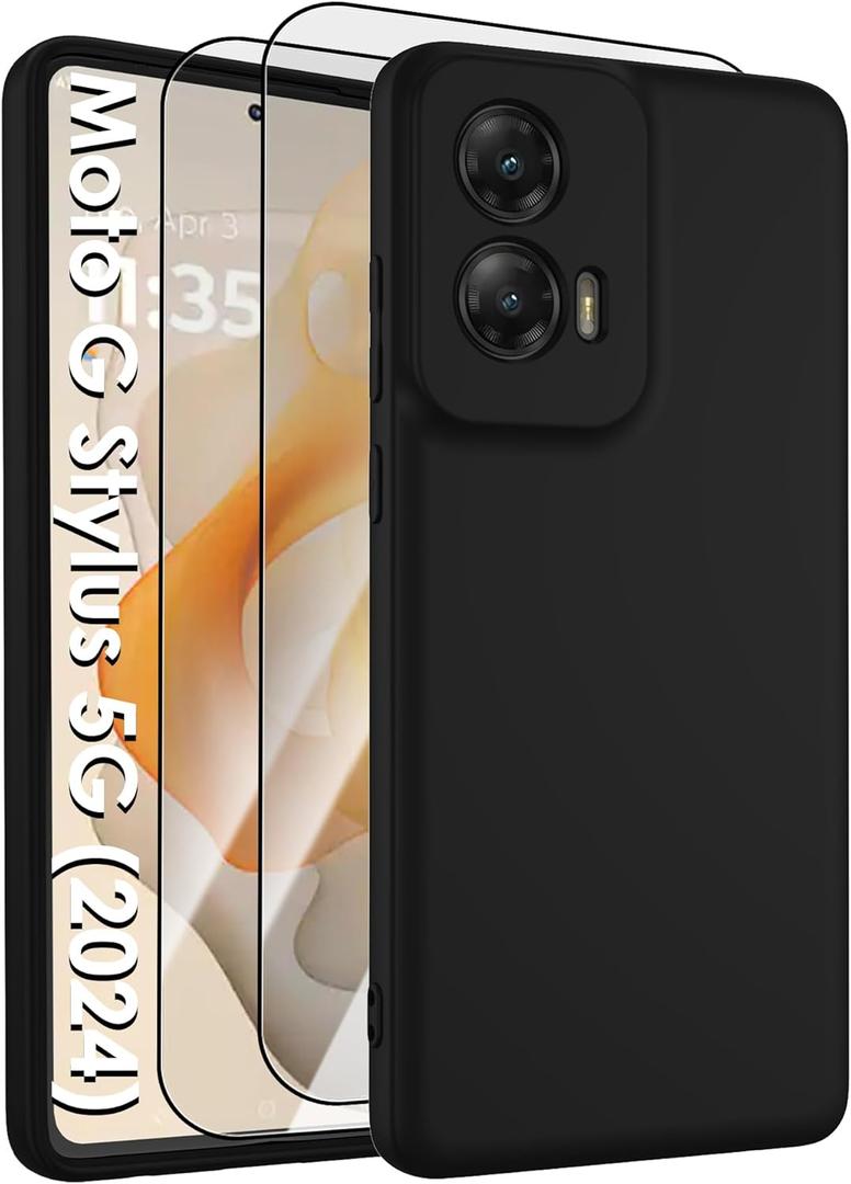 for Moto G Stylus 5G 2024 Case,Liquid Silicone Upgrade [Soft Anti-Scratch Microfiber Lining][2 HD Screen Protector][Full Camera Protection] Shockproof Phone Case for G Stylus 5G 2024 6.7 inch -Black