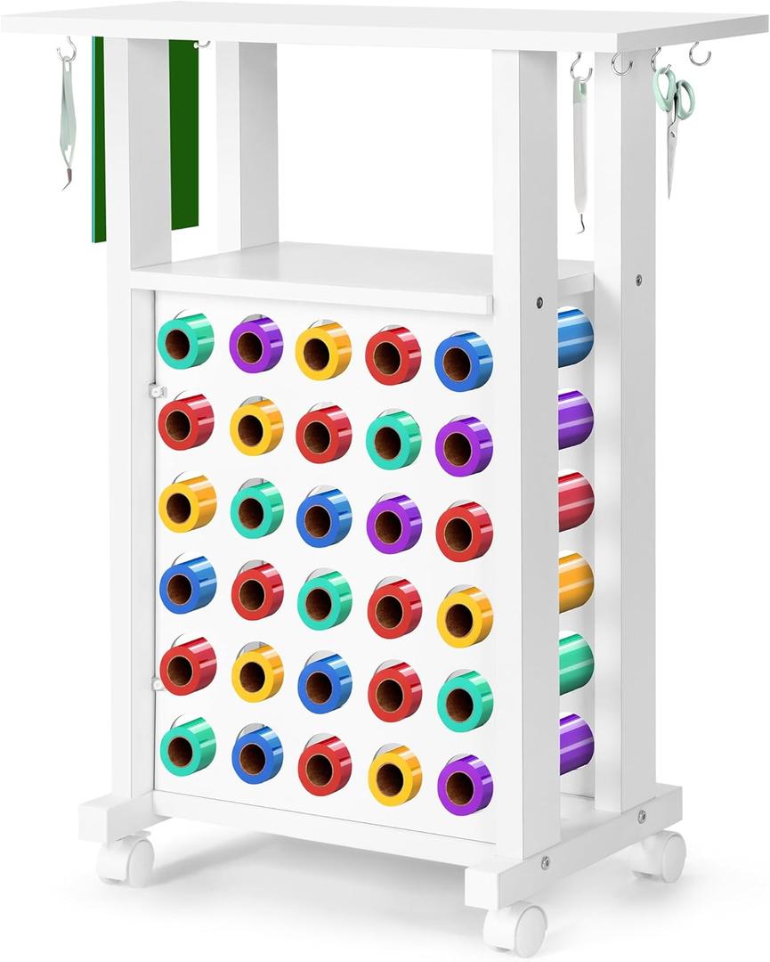 Rengue Rolling Craft Cart with Vinyl Roll Holder and Adjustable Table Height, Craft Organizers and Storage Table Compatible with Cricut Machine for Craft Room