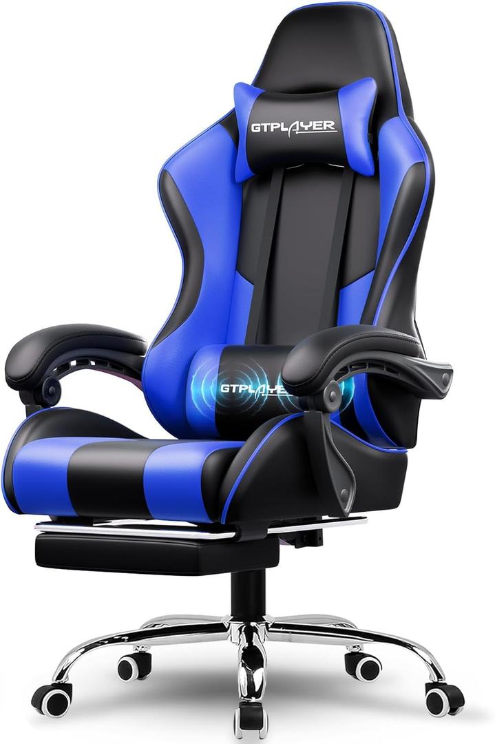 GTPLAYER Gaming Chair, Computer Chair with Footrest and Lumbar Support, Height Adjustable Game Chair with 360-Swivel Seat and Headrest and for Office or Gaming (Faux Leather, Blue)