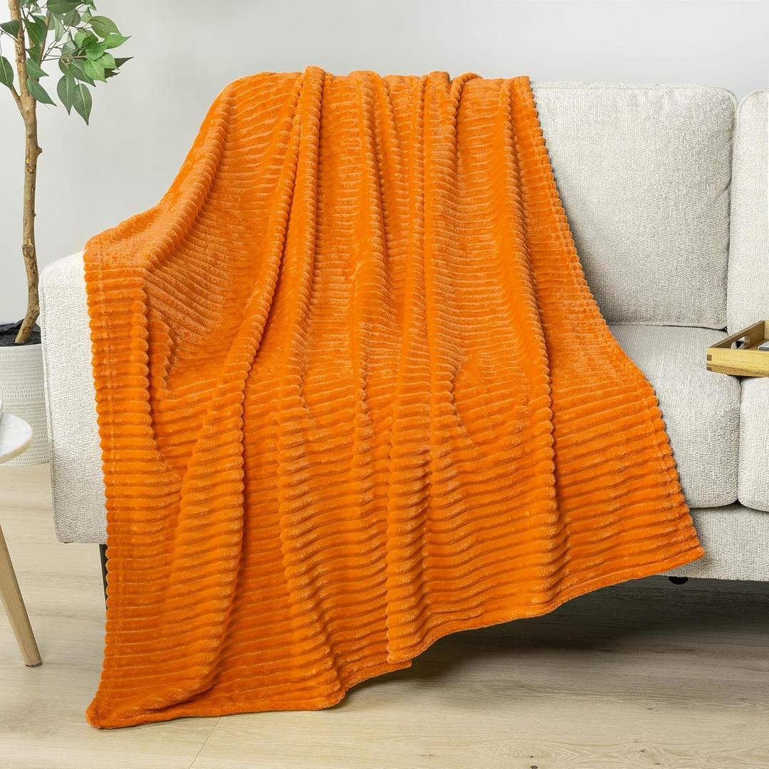 PAVILIA Super Soft Fleece Throw Blanket Orange, Luxury Fuzzy Plush Flannel Throw, Warm Cozy Ribbed Microfiber Blanket for Sofa Couch Bed, Lightweight Striped Blanket, Orange, 50x60