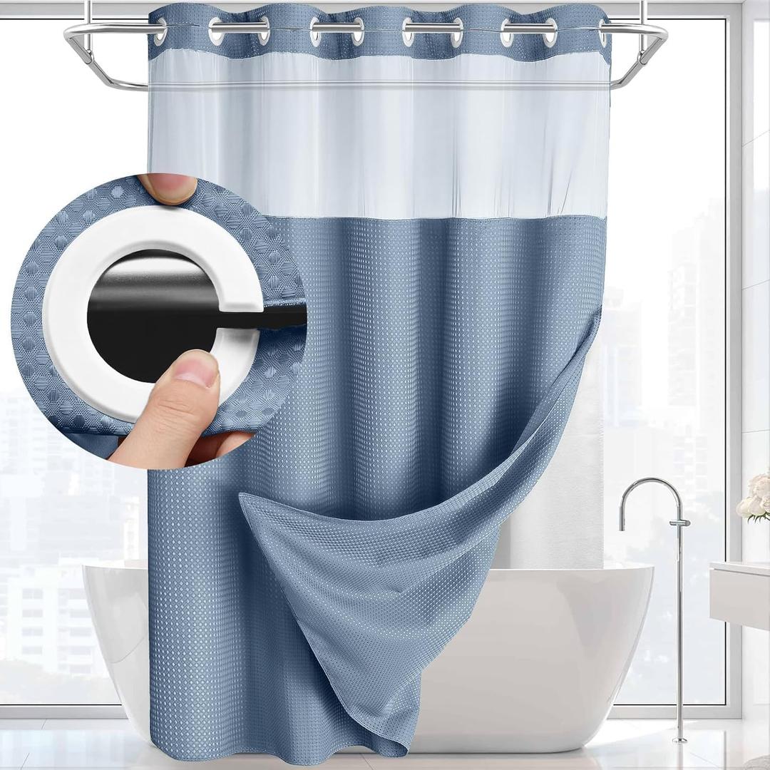 YellyHommy No Hook Shower Curtain with Snap in Liner Set Less Time Waffle Shower Curtain for Bathroom 75" L x 72" W Sky Blue