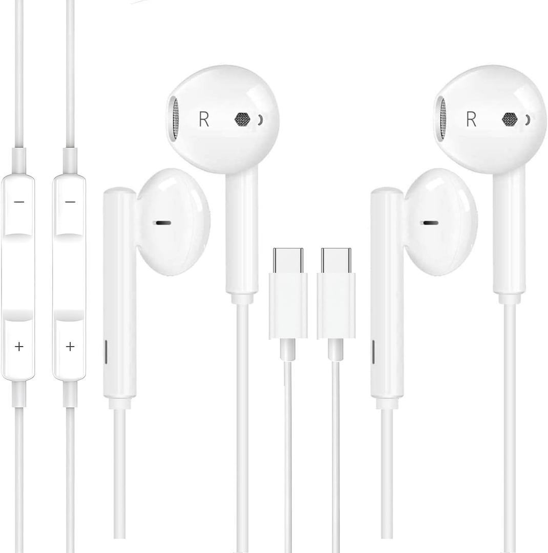 2 Pack Earbuds Headphones Earphones Wired [MFI Certified] USB C Microphone Call Volume Control Noise Isolating Compatible with iPhone 15 Pro Max/15 Pro/15 Plus/15/Samsung S23 Ultra S22+ S21