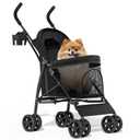 MoNiBloom 4 Wheels Pet Stroller, Easy-Fold Puppy Cage Jogger Stroller with Sun Cover, Pad and Rear Storage Bag, Breathable and Visible Mesh for Small/Medium Pets up to 22 lbs, Black