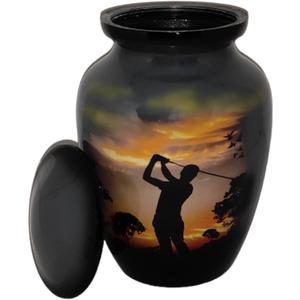 Small Cremation Urn for Human Ashes - 6 x 4 inch, 650 ml, Golfer Design, Aluminum, Handcrafted Memorial Container