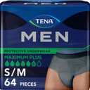 TENA Men Maximum Plus Incontinence Underwear, Bladder Control, S/M, 64 Count (Waist size 34in-50in)