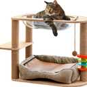 2 Tier Cat Tower,21.85 in cat Perch Wood cat condo with Hammock and Sisal Rope Scratcher Post Hanging Toy Balls for Indoor Large Cats Kittens (Grey)