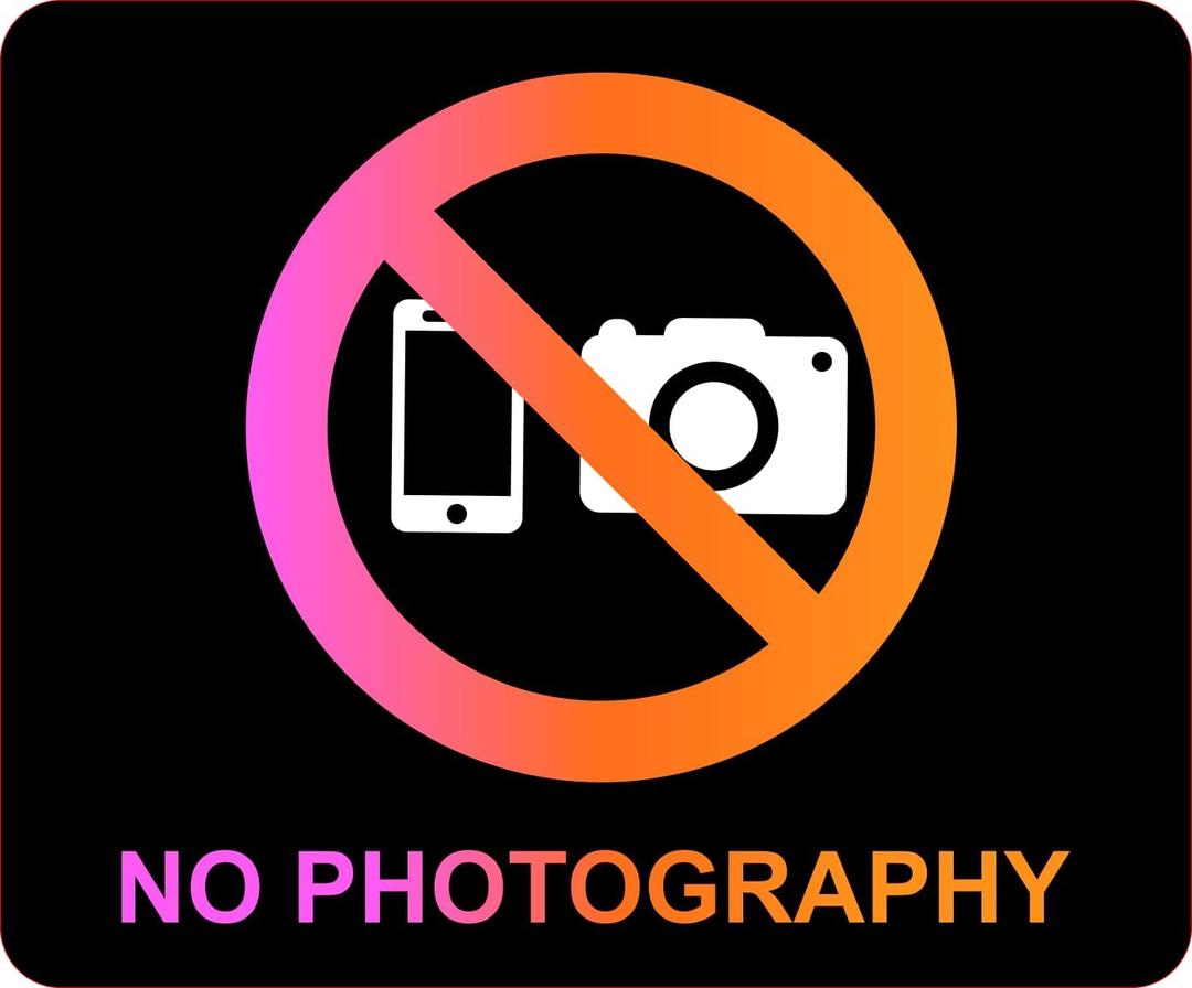 Black Self Adhesive "NO PHOTOGRAPHY" Sign - High Contrast Pink/Orange and White Icon - 120mm x 90mm Tough Plastic with Strong Adhesive Backing
