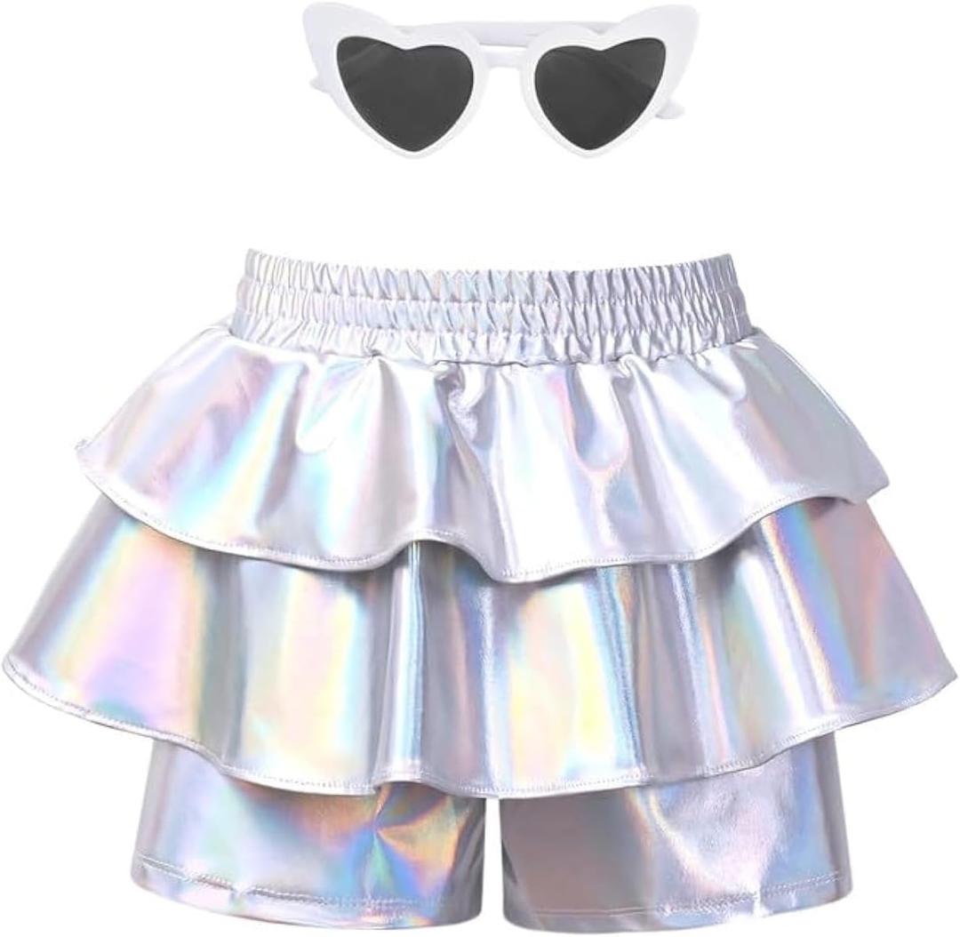 Girls Pleated Metallic Shorts Shiny Sparkle Ruffle Scooter Skater Dance Elastic Waist Rave Pants with Sunglasses for 4-5T