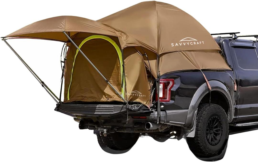 Savvycraft Pickup Truck Tent for Compact Size Truck 5.0'-5.2' Bed, Waterproof P3000mm 2-Person Double Layer Truck Bed Camping Tent, Expandable Awning, Rainfly, Storage Bag Included Brown