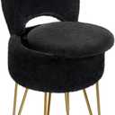 GREENSTELL Small Vanity Stool Chair with Storage and Folding Back, 13" x 13" x 17.7" Faux Fur Soft Ottoman for Teenager, 4 Metal Legs with AntiSlip Feet, Furry Padded Seat for Makeup, Bedroom, Black