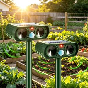 2 Pcs Upgraded Deer Repellent Devices,Solar Animal Repellent Ultrasonic Outdoor for Cats Squirrels Racoons Rabbits Foxs Dogs Skunks,IP65 Waterproof Motion Sensor Animal Repeller Deterrent for Garden