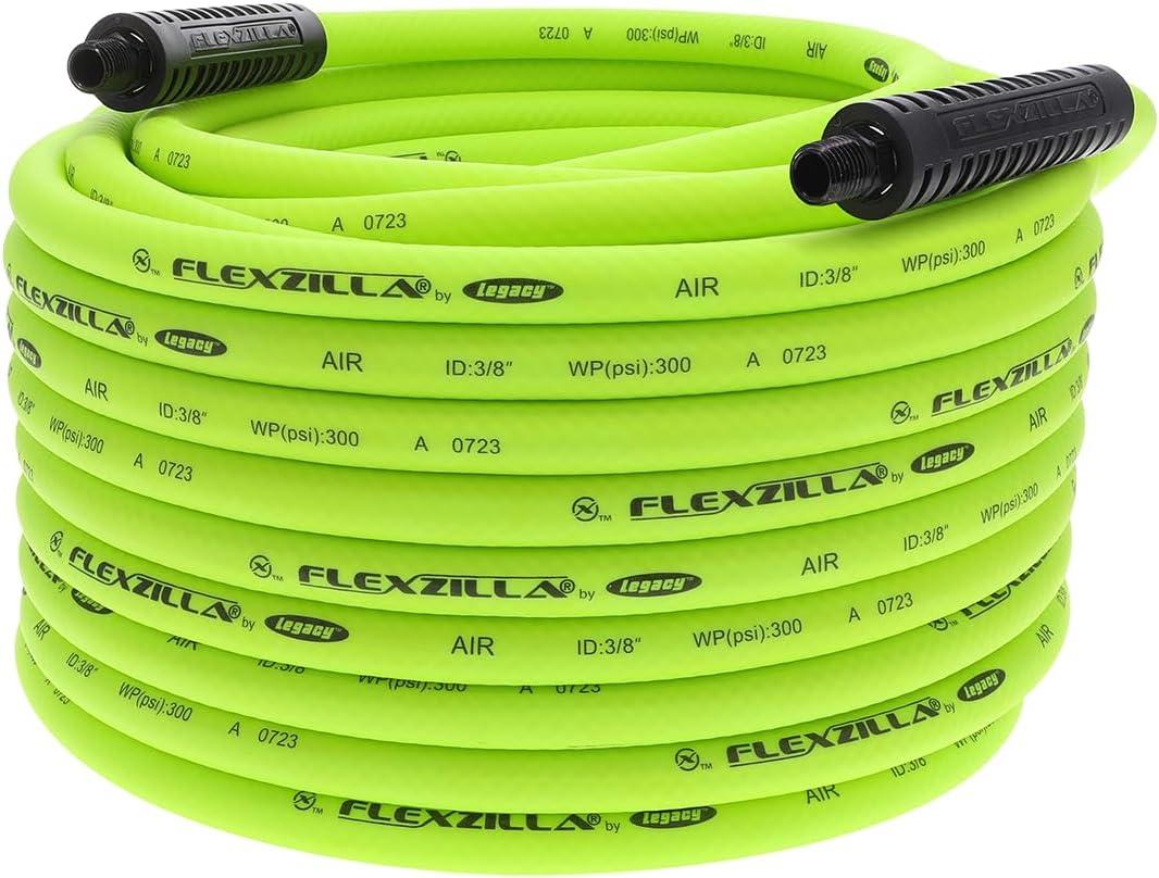 Flexzilla Air Hose, 3/8 in. x 100 ft., 1/4 in. MNPT Fittings, Heavy Duty, Lightweight, Hybrid, ZillaGreen - HFZ38100YW2