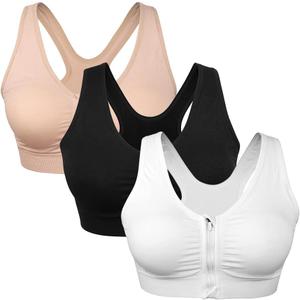 Women's Zip Front Sports Bra Wireless Post-Surgery Bra Active Yoga Sports Bras (Large, Black-flesh-white)