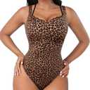 FeelinGirl V Neck Shapewear Bodysuits for Women Sleeveless Lace Body Shaper Tummy Control Thong Bodysuits for Women Leopard, Size M
