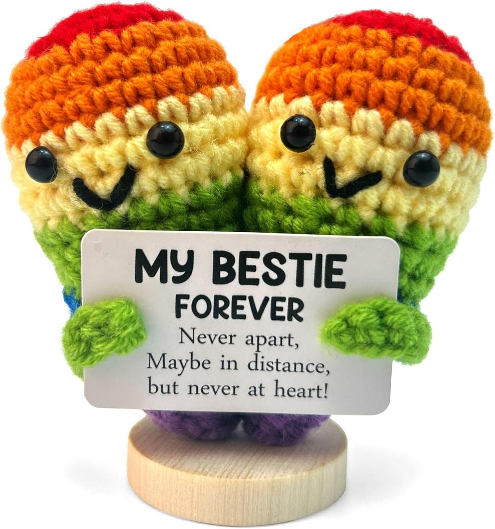 Handmade Positive Crochet Color Heart Gifts with Inspirational Card - Emotional Support Crochet Animals Birthday Anniversaries Christmas Office Gifts for Women Men Friend Coworker