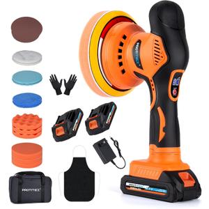 Cordless Car Buffer Polisher w/ 2x2000mAh 21V Batteries, 6 Inch Car buffer Waxer Kit, Car Polishing Machine w/ Extra 18 PCS Attachments & 6 Variable Speed, Car Buffer Polisher for Car Detailing (Orange)