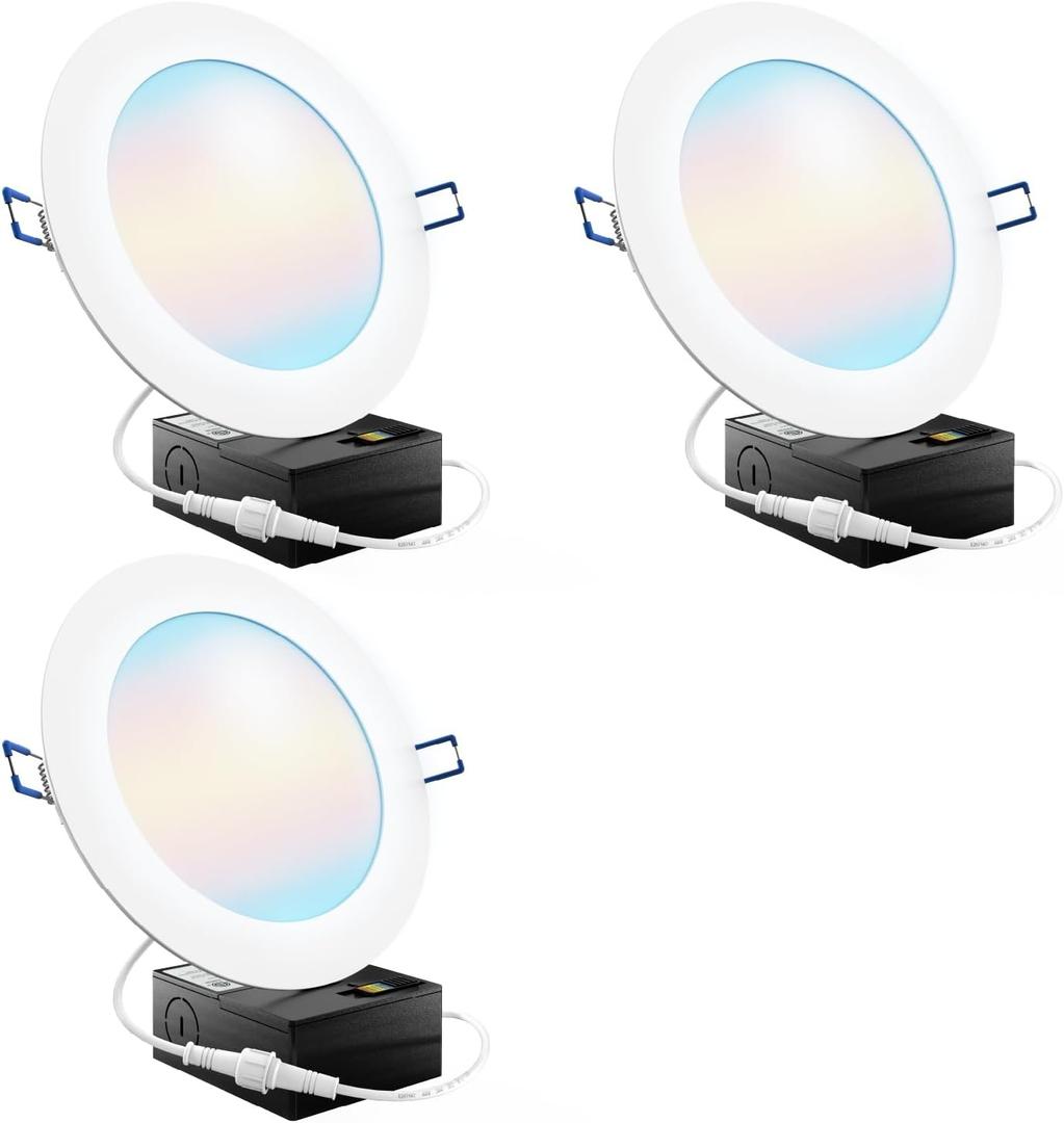 Sunco 6 Inch LED Recessed Light, Canless Ceiling Lights Slim with Junction Box, 850 LM, 14W (100W Equivalent), Selectable CCT 2700K/3000K/4000K/5000K/6000K, Dimmable, Wafer Thin ETL 3 Pack
