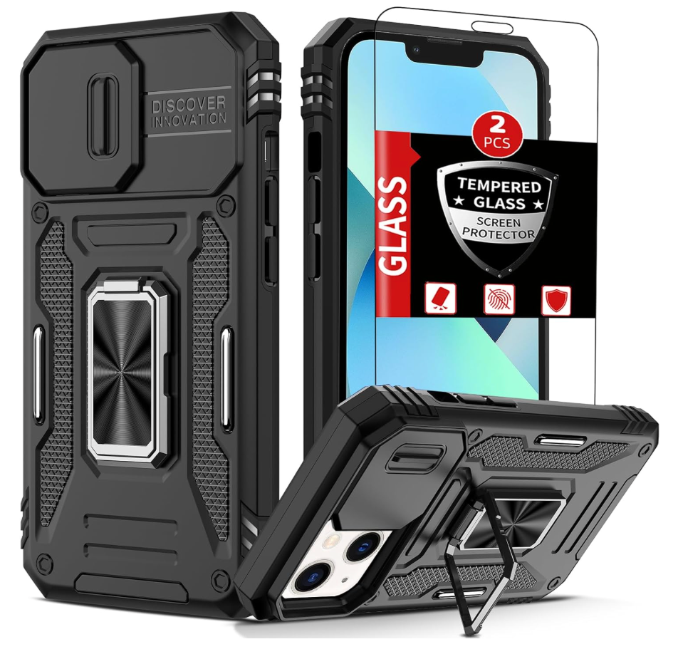 for iPhone 14 Case & iPhone 13 Case with 2 Glass Screen Protector,iPhone 13 Kickstand Case with Slide Camera Cover & 360°Ring Stand Magnetic Shockproof Phone Case for iPhone 14&13 Case Black