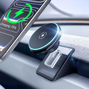 CloudValley Magnetic Qi2 15W Wireless Charger Phone Mount for Tesla Model 3 Highland Model Y Juniper, Strong Grip, 360 Adjustable, Dashboard Car Charger Holder 2025, Design for iPhone MagSafe 17-12