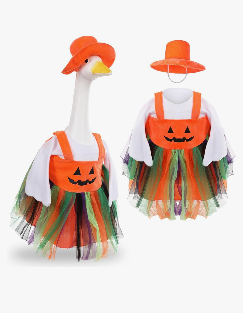 ELOOGOOKIN Porch Goose Halloween Outfits Pumpkin Dress for 23" Cement Plastic Desk Goose Clothes Funny Fall Geese Decor for Outdoor Patio Lawn Yard Decor