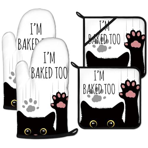 Funny Black Cat Oven Mitts and Pot Holders Sets Heat Resistant 4Pcs Potholders Oven Gloves Hot Pads for Kitchen Baking Cooking Grilling BBQ