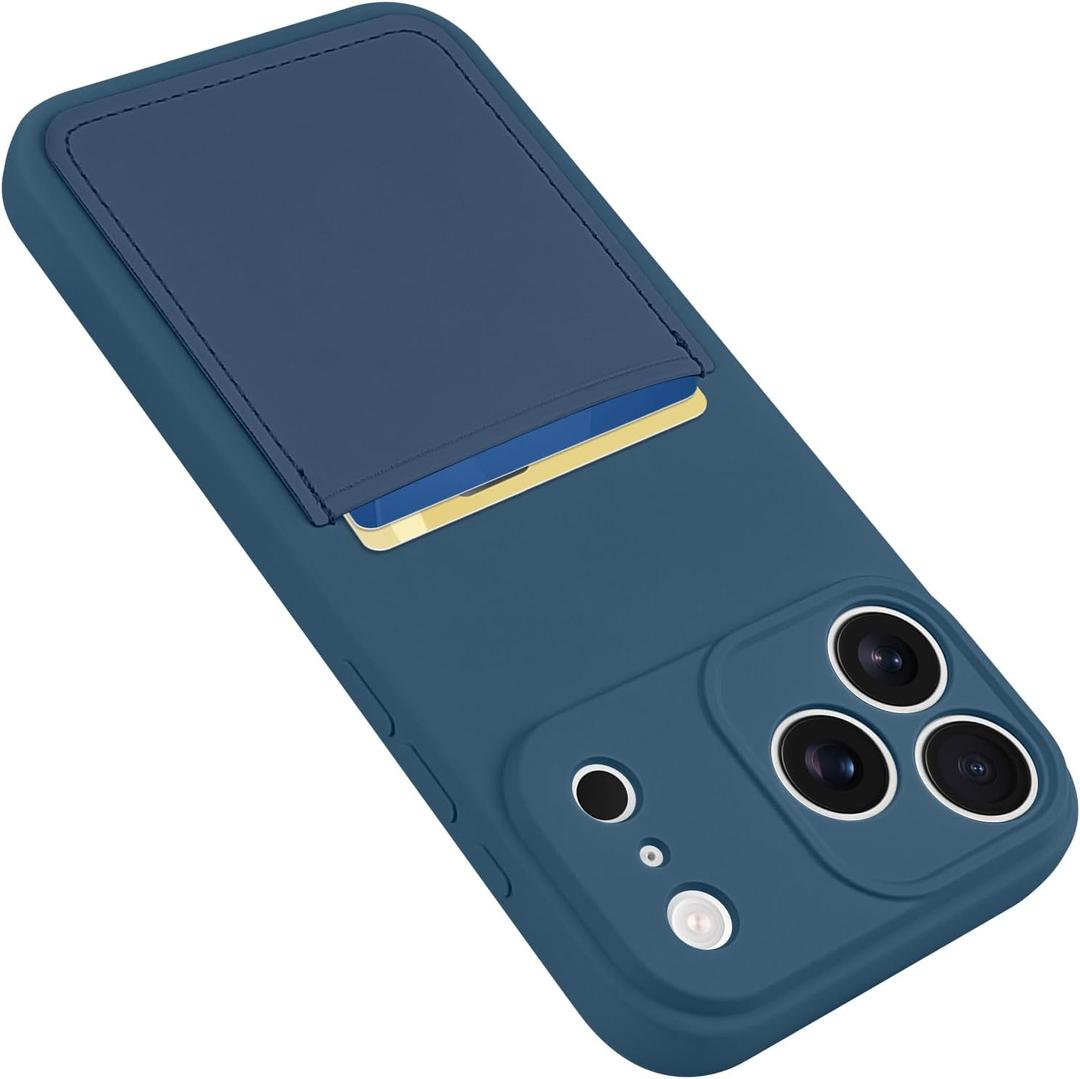 Design for iPhone 17 Pro Case with Card Holder for Women Men Soft Liquid Silicone Cover [Microfiber Lining] Full Camera Protection Shockproof Slim for iPhone 17 Pro Case Wallet Blue