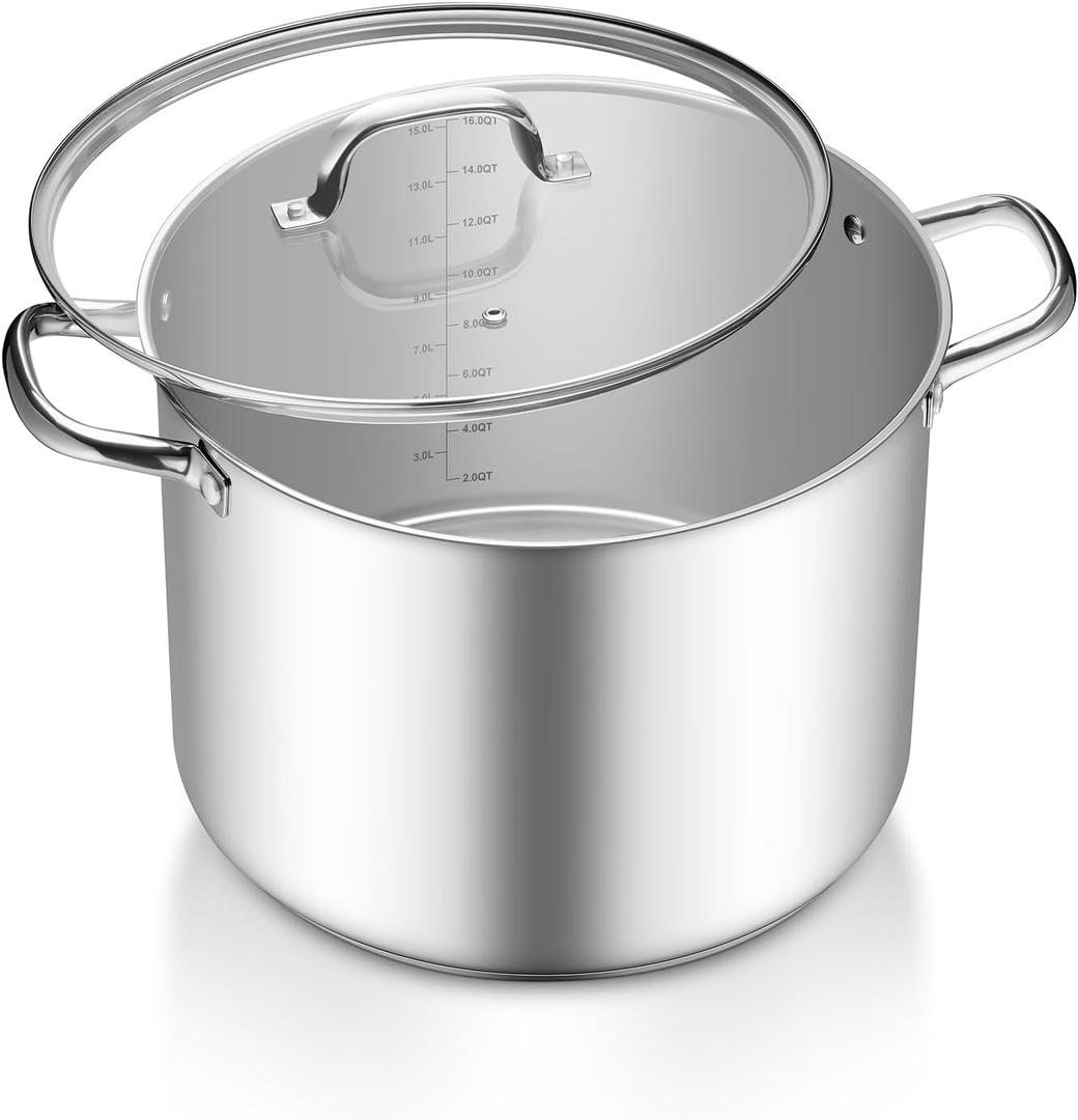 TeamFar 16QT Stock Pot, Stainless Steel Stockpot Large Induction Cooking Pot with Lid & Tri-ply Bottom, for Soup Seafood Cooking, Sauce Canning, Non Toxic & Heavy Duty, Various Stovetops Suitable