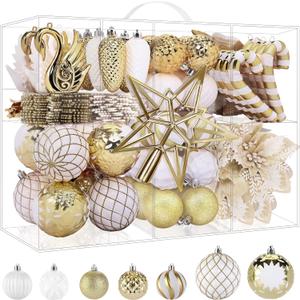 Alupssuc 128pcs Christmas Balls Ornaments Set, Shatterproof Plastic Baubles Christmas Flowers, Ribbon, Tree Topper for Xmas Tree Holiday Wedding Party Decorations with Hanging Strings, Gold and White