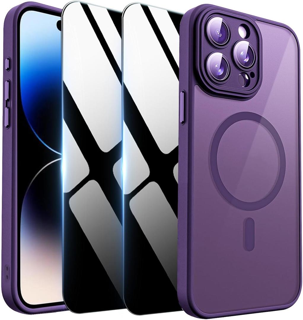Magnetic Case for iPhone 14 Pro Max with Privacy Screen Protector & Camera Cover [Compatible with MagSafe],Soft Shockproof Phone Case Protective Bumper Cover for iPhone 14 ProMax, Purple