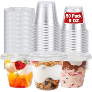 50 Pack 9 oz Disposable Clear Plastic Parfait Cups with Flat Lids, Yogurt Parfait, Putting Cups for Cake, Cold Drink, Ice Cream, Fruit, Salad