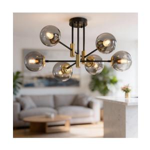 6-Light Sputnik Chandelier Modern Matte Black and Gold Ceiling Light, Glass Globe Hanging Light Fixture for Dining Room, Kitchen Island, Bedroom, Living Room