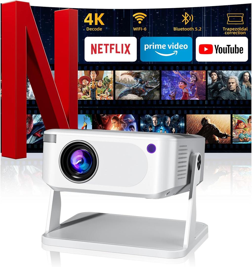 Mini Projector with WiFi 6 and Bluetooth 5.2, Portable Projector 4K Support, Auto Vertical Keystone 270 Rotatable, Compatible with Smartphone/TV Stick/Box/USB/HDMI (White)