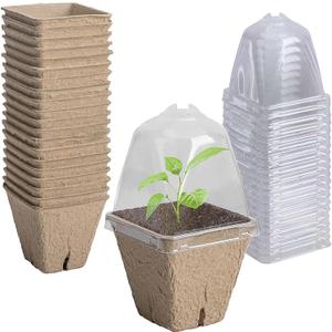 Purple Star 20 Pcs Biodegradable Nursery Pots with Humidity Dome- 2.3 Inch Square Seeding Starter Pot for Planting- Peat Pots for Seedlings Garden Vegetable Flower Germination