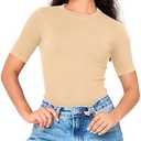 BAMBOO COOL Women's Seamless Tight T-Shirts Slim Fit Basic Ribbed Tees Short Sleeve Crew Neck Top XL 