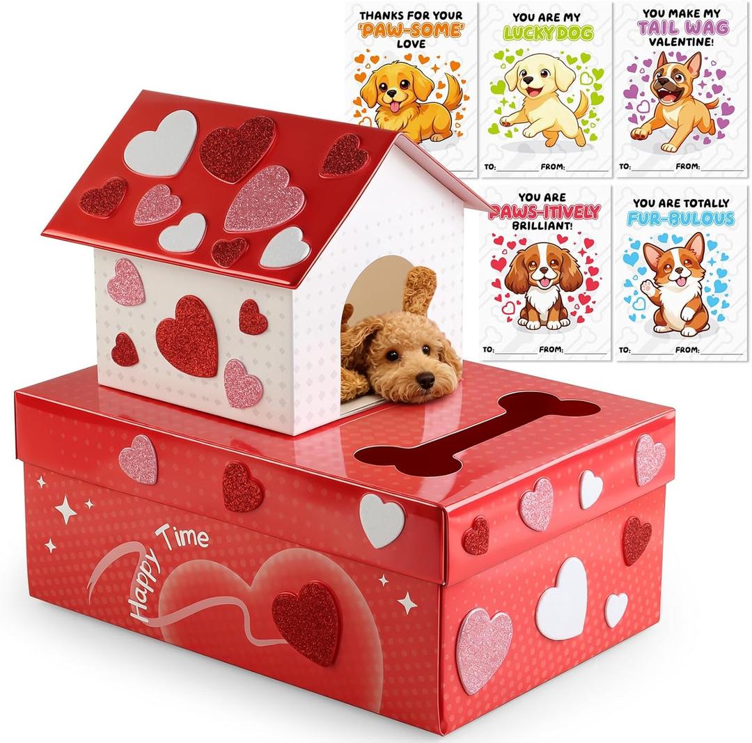 Valentine Day Boxes for Kids Classroom, 33 Pack Valentines Day Cards for School Exchange, Valentine Gifts Party Favor Boys Girls DIY Dog House with 32 Valentine Cards, 1 Teacher Card(Doll not Include)