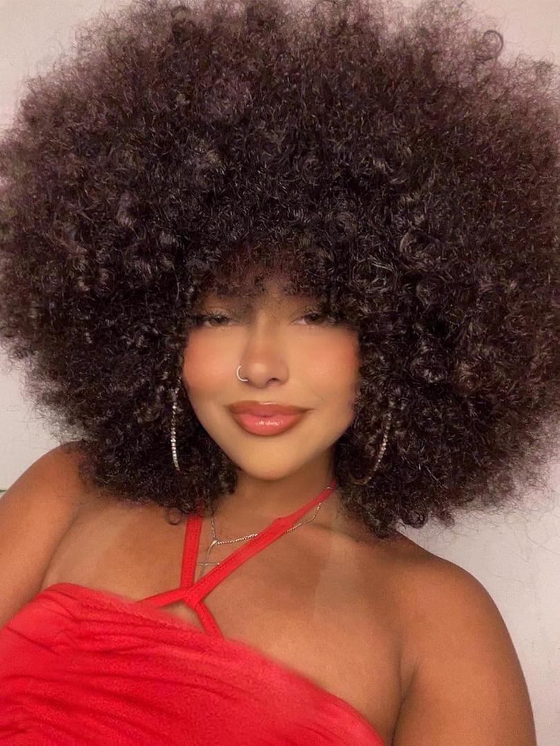 Afro Wig 14Inch Afro Wigs for Black Women 70s Afro Kinky Curly Wig Bouncy Huge Fluffy Puff Wigs Synthetic Hair for Cosplay Daily and Party (Red Brown)