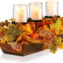 Vesici Thanksgiving Centerpiece Fall Table Decoration Neutral Tabletop with 3 Candle Holder Artificial Maple Leaves White Pumpkin and Berries Rustic Harvest Farmhouse Decor for Autumn Fireplace Mantel