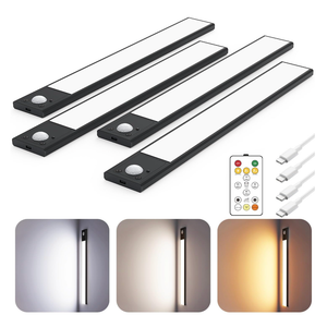 12" UltraThin Under Cabinet Lighting Wireless, Aluminum Alloy Under Counter Lights for Kitchen, 3ColorTemps Magnetic Closet Lights, Rechargeable Motion Sensor Light Indoor (4 Pack, Black)