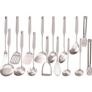 18/10 Stainless Steel Cooking Utensils Set - 16 PCS All Metal Small & Large Kitchen Spoons, Serving Utensils - Whisk, Masher, Fork, Tongs, Solid/Slotted Spoon, Spatula, Turner, Ladle, Skimmer, Pasta