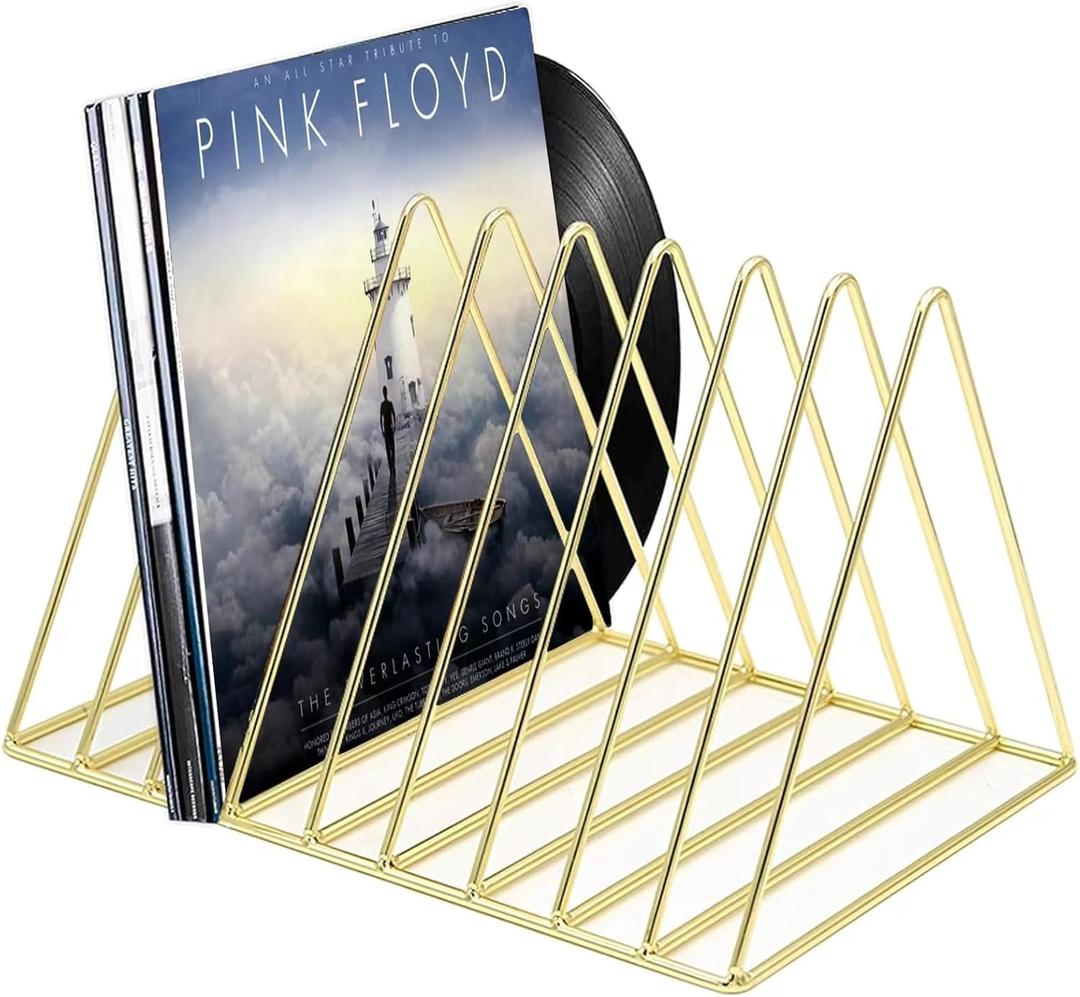 Udreamer 9 Slot Record Holder,Desktop Vinyl Record Storage Holds Up 30 LPs,Metal Magazine Holder Triangle File Holder for Office Homer,Golden
