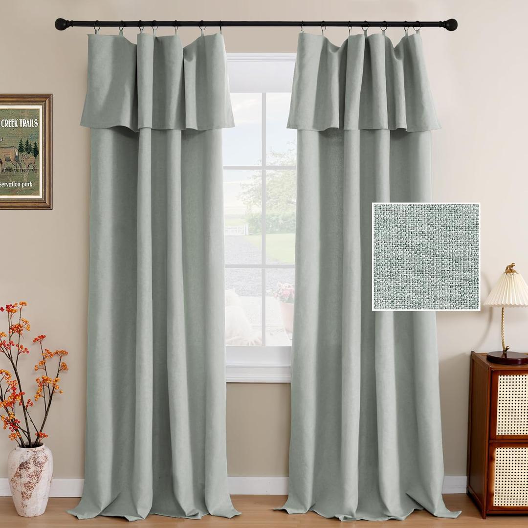 H.VERSAILTEX Linen Curtains with Valance 84 Inch Long 2 Panels Farmhouse Boho Privacy Window Curtains for Living Room Bedroom Ring/Rod Pocket Privacy Light Filtering Drapes, 52x 84 Inch, Heather Sage