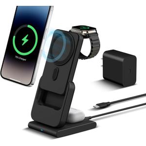 DDUAN Foldable Wireless Charging Station: 3-in-1 Mag-Safe Charger Stand with 5000mAh Portable Power Bank for iPhone 16/15/14/13/12 - Removable Battery Pack for Apple Watch (Black)
