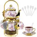 20 Pcs Porcelain Tea Set with Metal Holder, 700ml/23oz European Ceramic Tea Set for Adults, Adult Tea Set Gift, Flower Tea Cup Saucer Set for Party With Gold Flower Painting (Elegant Purple/700ml)
