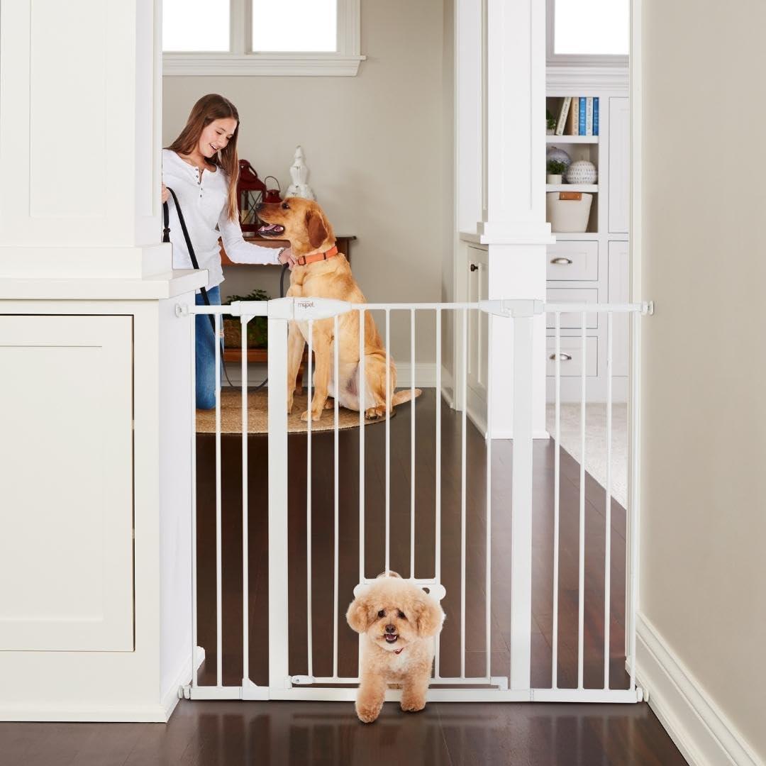 MYPET North States Extra Tall & Wide Walk Thru EasyPass Pet Gate with Patented Adjustable pet Door: 29.75 - 52 Wide Dog Gate. Pressure Mount, No Tools Needed. Dog Gates for House, 41" Tall, White