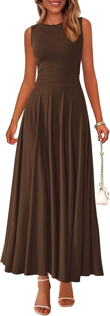 PRETTYGARDEN Womens Spring Dresses 2026 Casual Sleeveless Crewneck Aline Maxi Dress Stretch Tank Flowy Long Dresses (Brown, M)