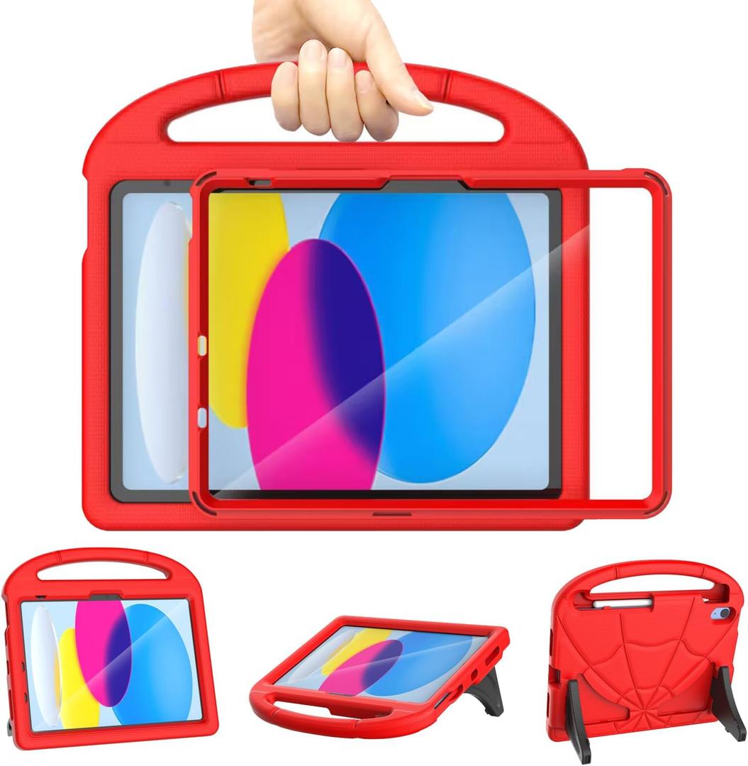 Kids Case for iPad A16 11th Generation 11 Inch 2025/iPad 10th Generation 10.9 Inch 2022, Sanyetral Lightweight Shockproof Cover with Screen Protector/Pencil Holder/Handle/Stand for iPad 10th/11th -Red