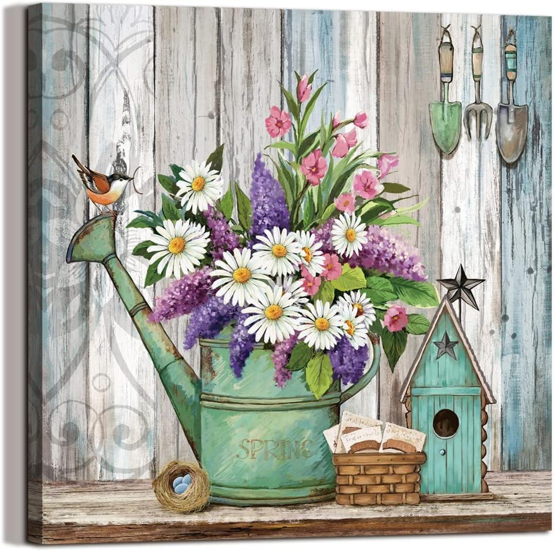 LAIART Farmhouse Decor Canvas Wall Art Lavender White Flowers Picture Vintage Wood Grain Modern Home Artwork, 20"L x 20"W