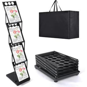 Trade Show Literature Stand Display Rack, Magazine Brochure Catalog Display Stand, Magazine Floor-Standing with Portable Oxford Bag for Office Store Exhibition Trade Show (Black)